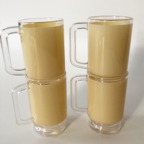 Set 4 MCM Retro Plastic Floral Drinking Glasses w Handle Footed Creamy Yellow - Picture 3 of 9